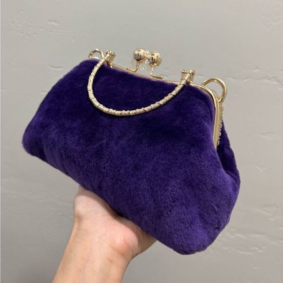 Purple Handmade Genuine Shearling Kisslock Top Handle bag/Shoulder Bag/Crossbody - Picture 9 of 16